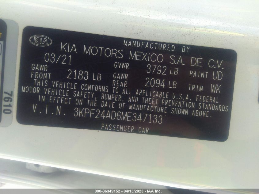 2021 KIA FORTE LXS - 3KPF24AD6ME347133