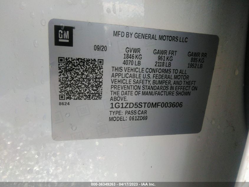 2021 CHEVROLET MALIBU LT - 1G1ZD5ST0MF003606