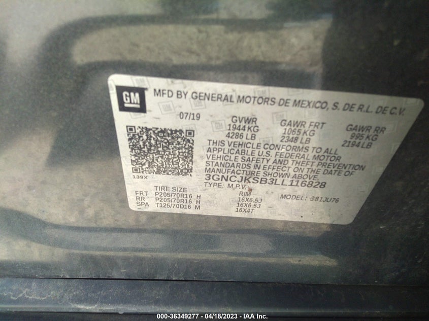 VIN 3GNCJKSB3LL116828 2020 CHEVROLET TRAX LS