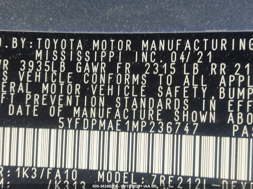 2021 TOYOTA COROLLA L - 5YFDPMAE1MP236747