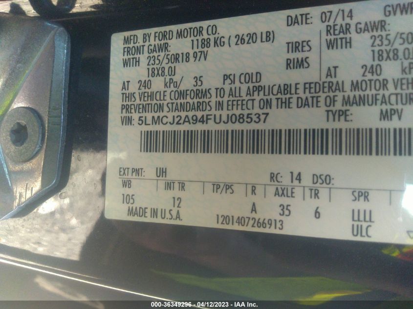 2015 LINCOLN MKC - 5LMCJ2A94FUJ08537