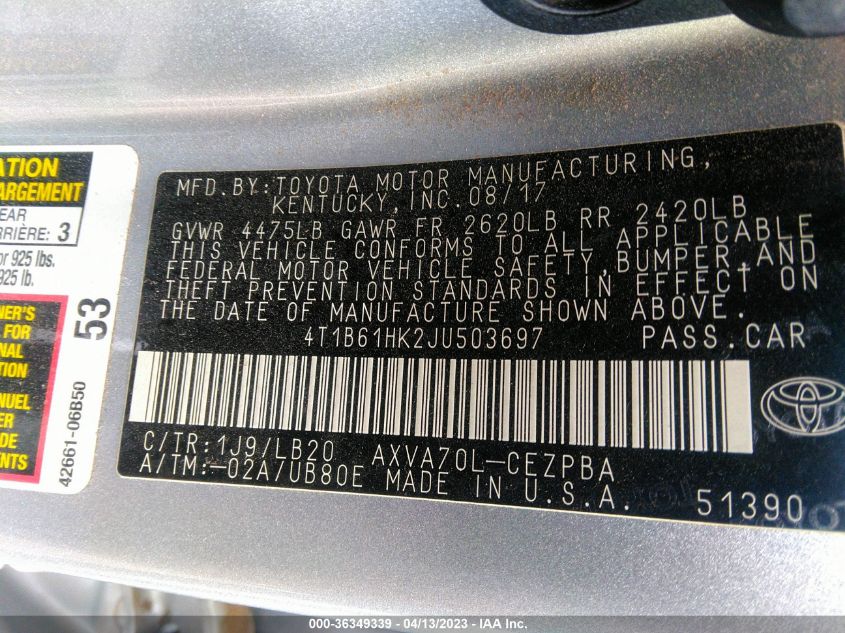 2018 TOYOTA CAMRY XSE - 4T1B61HK2JU503697