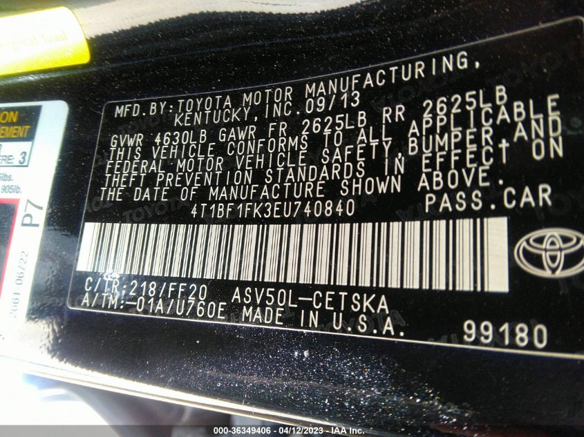 2014 TOYOTA CAMRY L/LE/XLE/SE/SE SPORT - 4T1BF1FK3EU740840
