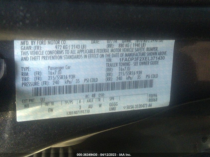2014 FORD FOCUS SE - 1FADP3F2XEL371430