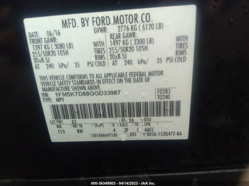 2016 FORD EXPLORER XLT - 1FM5K7D88GGD33987