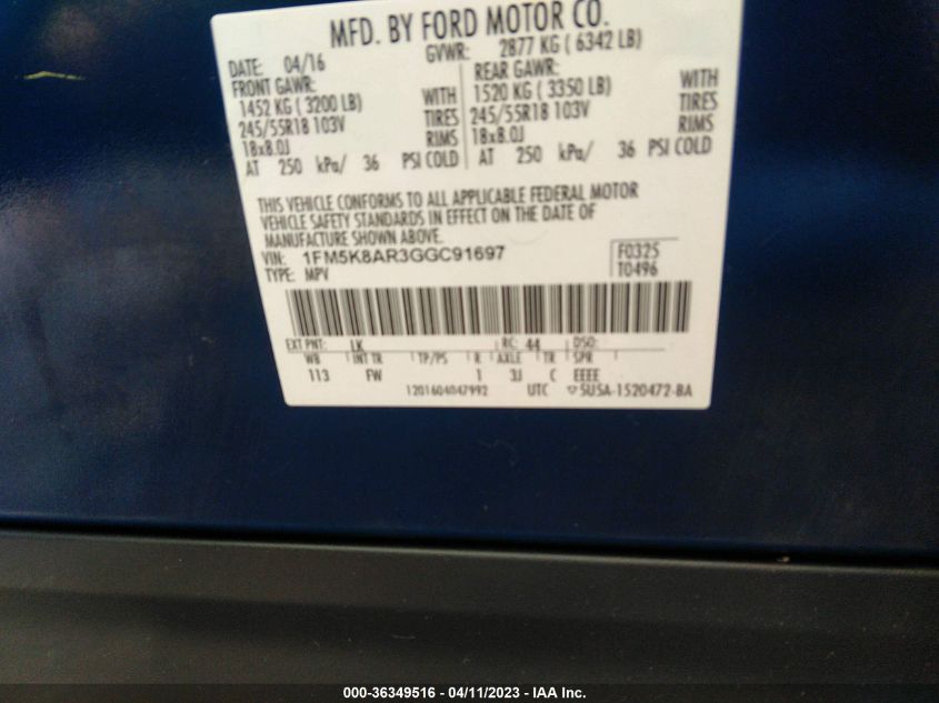 2016 FORD UTILITY POLICE 1FM5K8AR3GGC91697