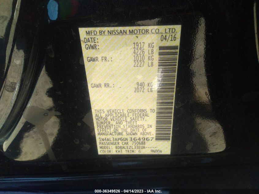 2016 NISSAN ALTIMA 2.5 - 1N4AL3AP6GN364967