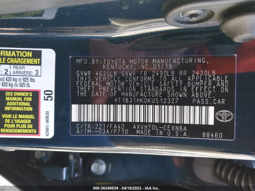 2019 TOYOTA CAMRY HYBRID LE - 4T1B31HK0KU512327