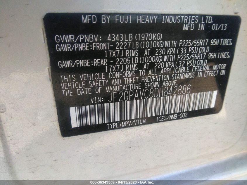 2013 SUBARU XV CROSSTREK PREMIUM - JF2GPAVC8DH842886