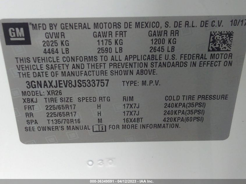 2018 CHEVROLET EQUINOX LT - 3GNAXJEV8JS533757
