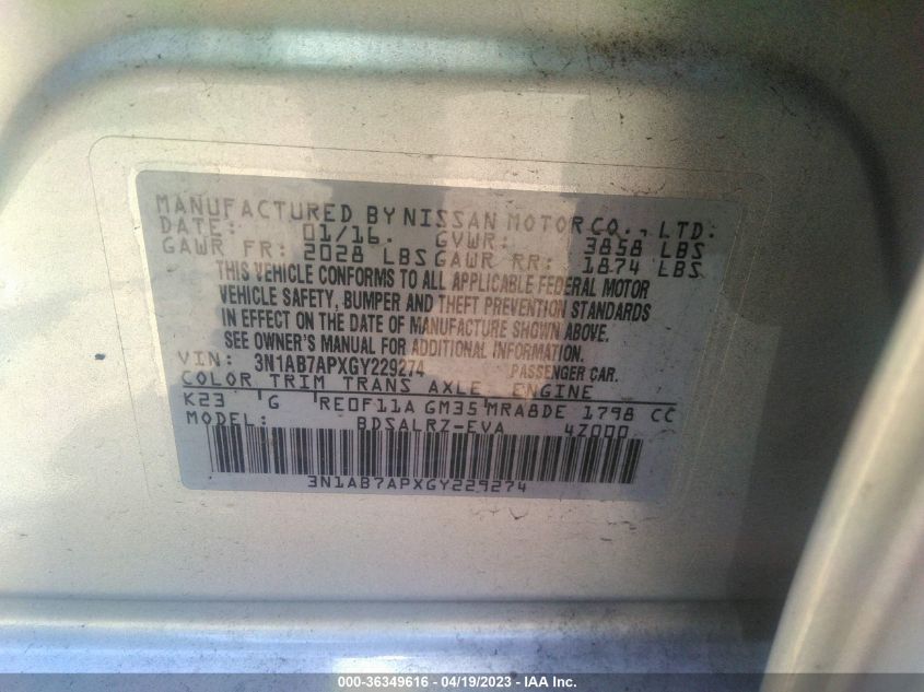 2016 NISSAN SENTRA SR - 3N1AB7APXGY229274