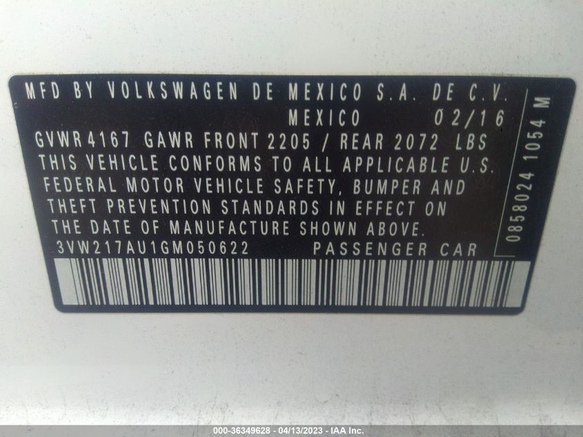 2016 VOLKSWAGEN GOLF TSI S W/SUNROOF - 3VW217AU1GM050622