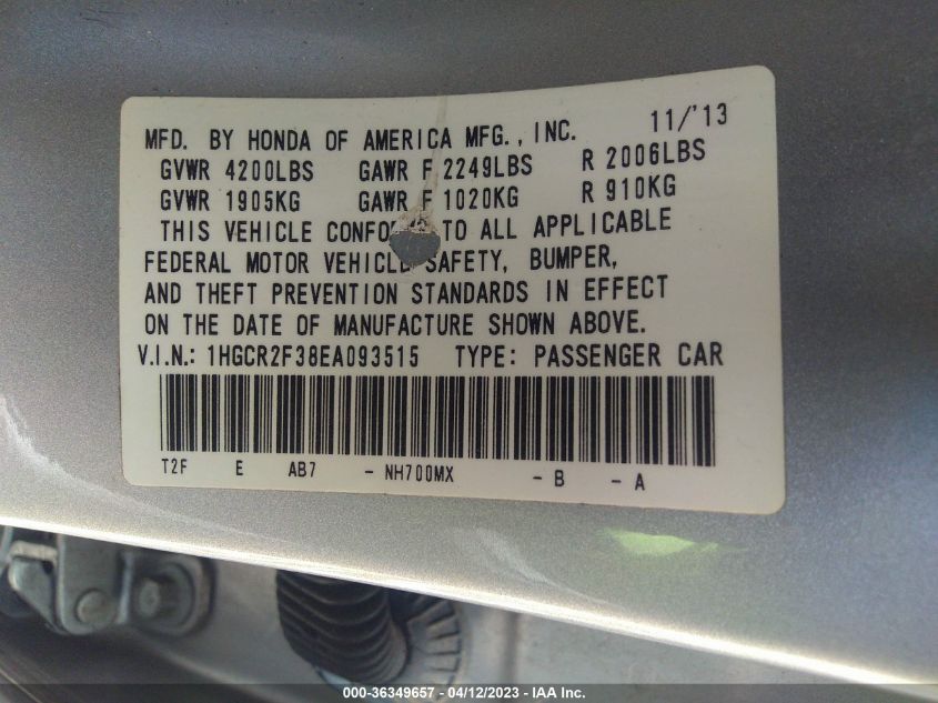 2014 HONDA ACCORD SEDAN LX - 1HGCR2F38EA093515