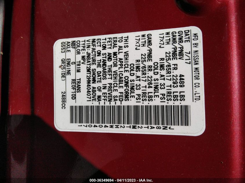 2017 NISSAN ROGUE SV - JN8AT2MT2HW404071