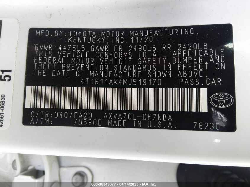 2021 TOYOTA CAMRY LE - 4T1R11AK4MU519170