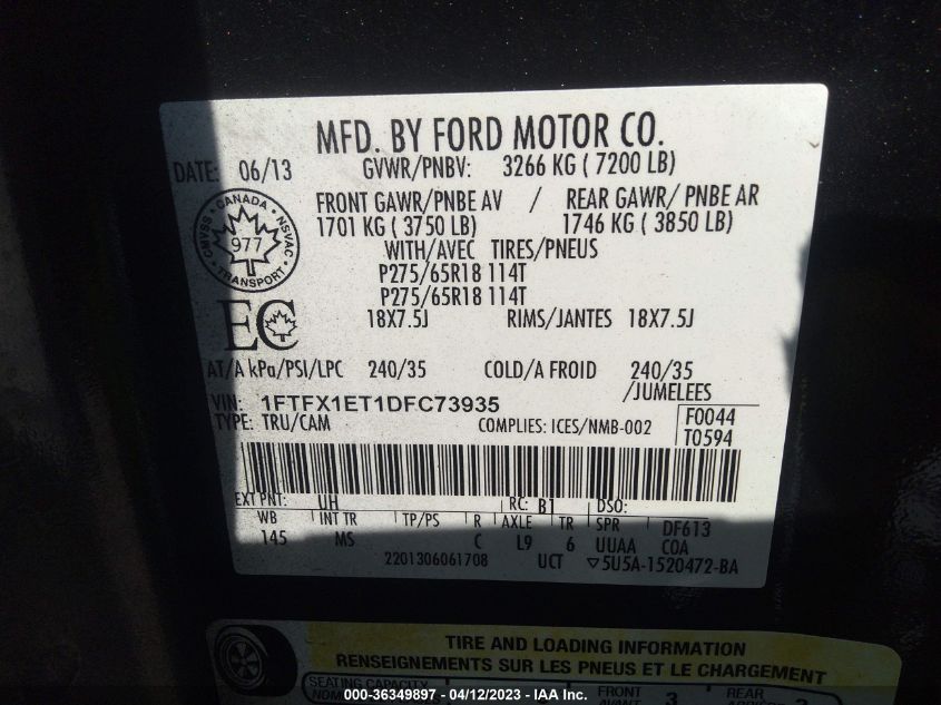 2013 FORD F-150 XL/XLT/FX4/LARIAT - 1FTFX1ET1DFC73935