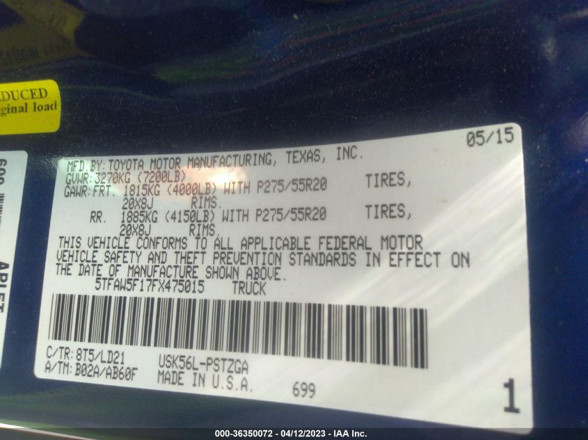 2015 TOYOTA TUNDRA 4WD TRUCK PLATINUM/1794 - 5TFAW5F17FX475015