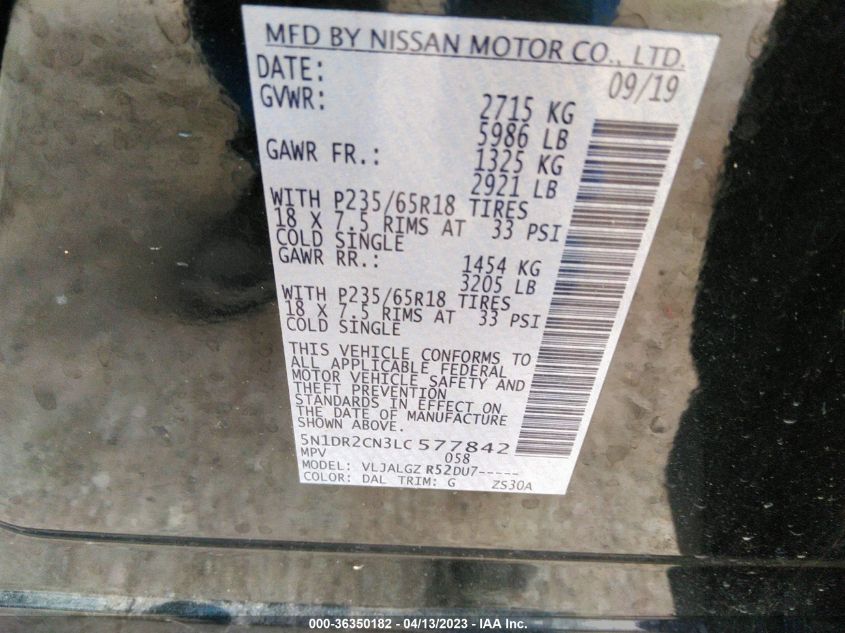 2020 NISSAN PATHFINDER SL - 5N1DR2CN3LC577842