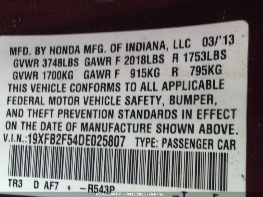 2013 HONDA CIVIC SDN LX - 19XFB2F54DE025807