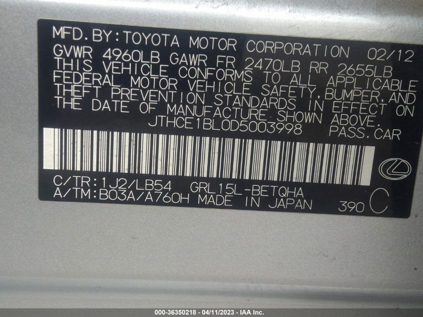 2013 LEXUS GS 350 - JTHCE1BL0D5003998