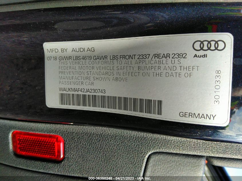 VIN WAUKMAF42JA230743 2018 AUDI A4 no.9