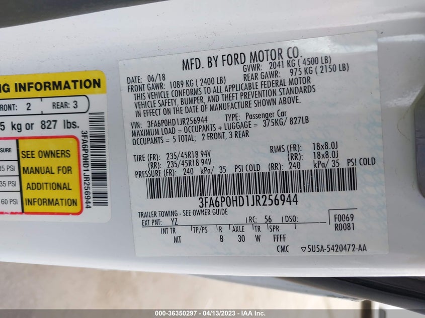VIN 3FA6P0HD1JR256944 2018 FORD FUSION SE