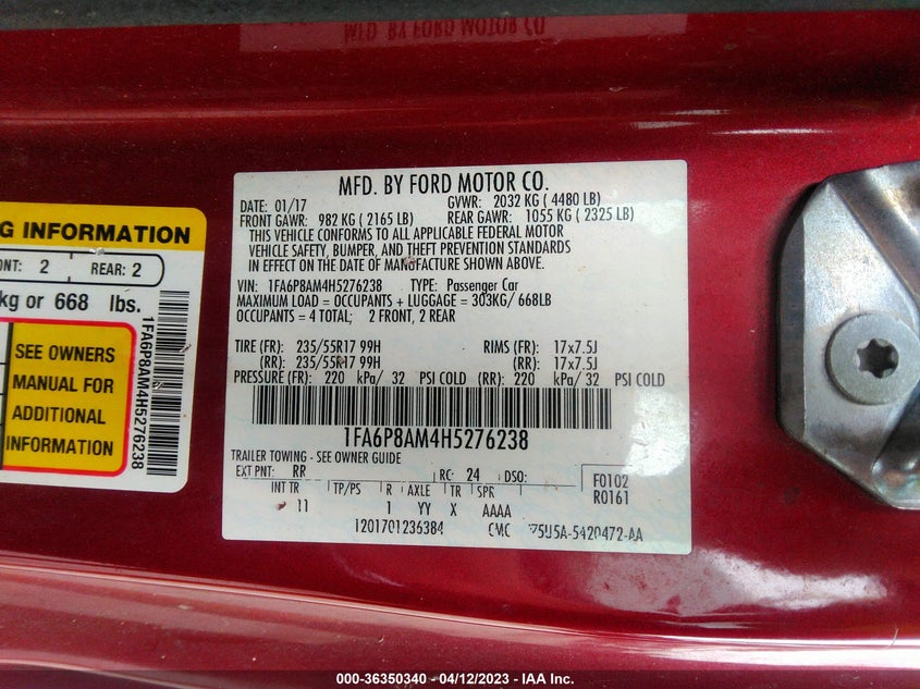 VIN 1FA6P8AM4H5276238 2017 FORD MUSTANG V6