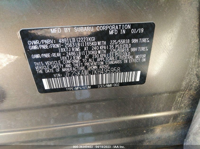2019 SUBARU FORESTER TOURING - JF2SKAWC7KH495958