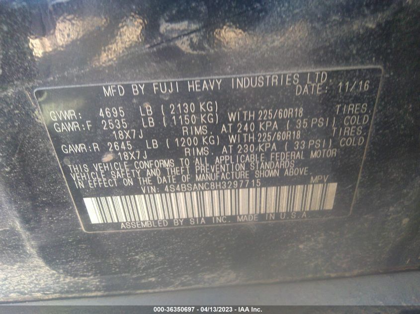 2017 SUBARU OUTBACK LIMITED - 4S4BSANC8H3297715