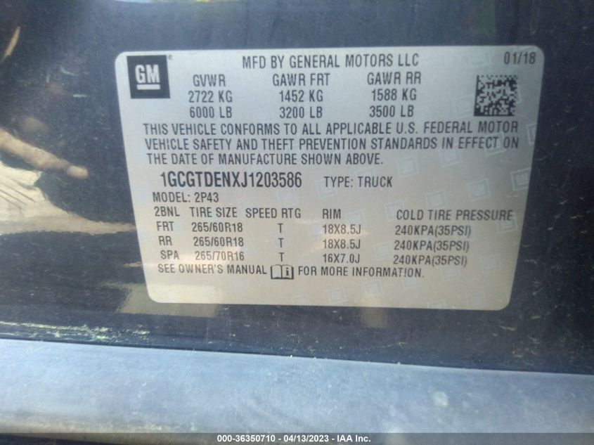 2018 CHEVROLET COLORADO 4WD Z71 - 1GCGTDENXJ1203586
