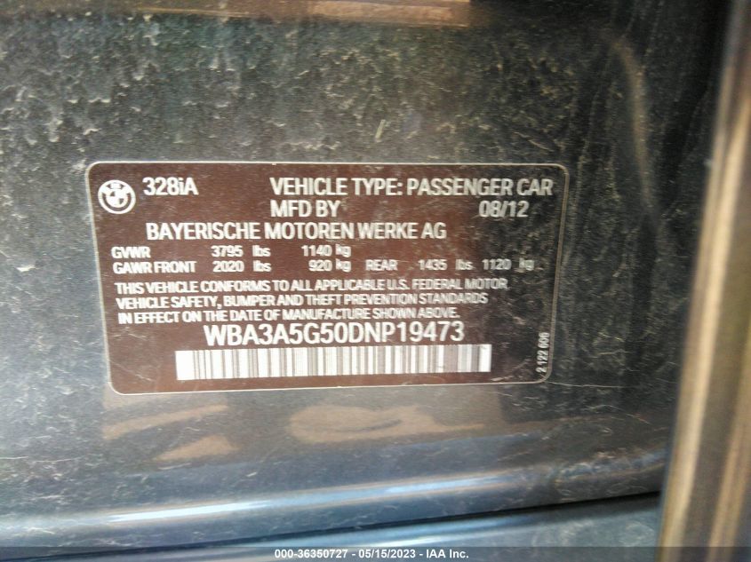 2013 BMW 3 SERIES 328I - WBA3A5G50DNP19473
