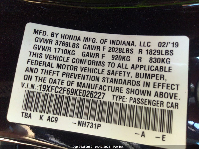 VIN 19XFC2F69KE026227 2019 HONDA CIVIC SEDAN LX
