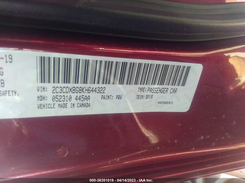 VIN 2C3CDXBG8KH644322 2019 DODGE CHARGER SXT