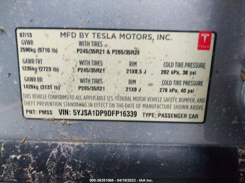 2013 TESLA MODEL S PERFORMANCE - 5YJSA1DP9DFP16339