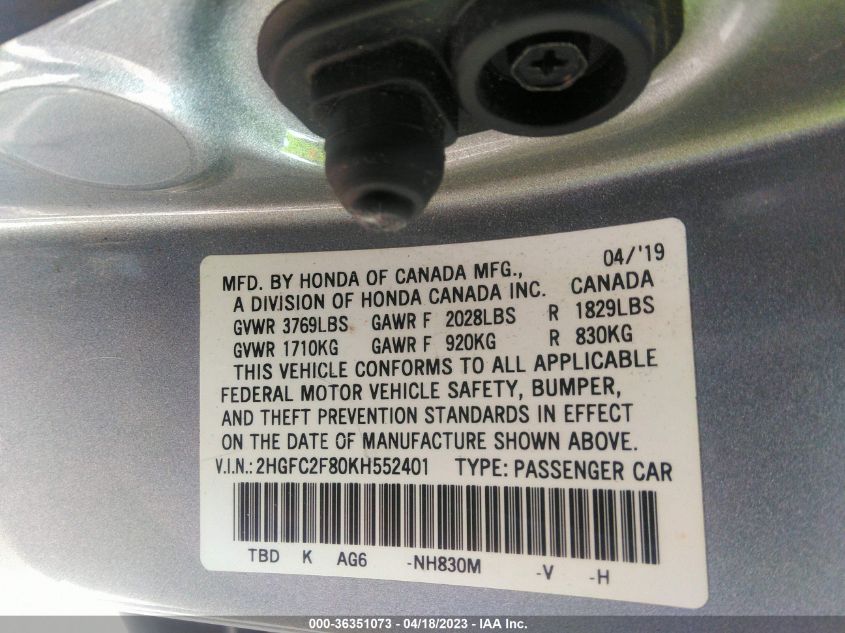 2019 HONDA CIVIC SEDAN SPORT - 2HGFC2F80KH552401