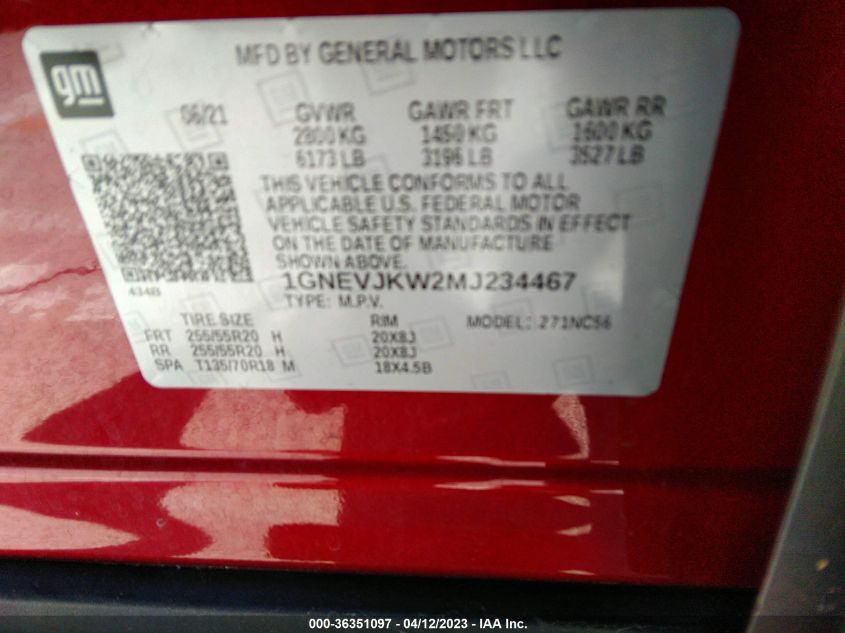 2021 CHEVROLET TRAVERSE RS - 1GNEVJKW2MJ234467
