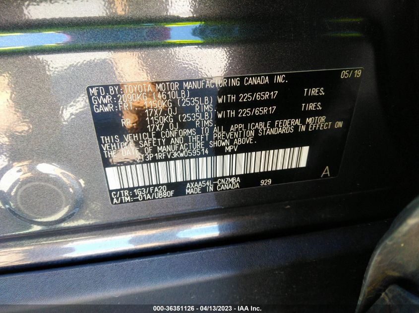 2019 TOYOTA RAV4 XLE - 2T3P1RFV3KW059514