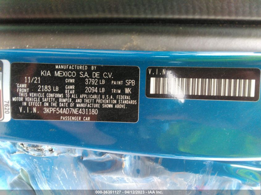 2022 KIA FORTE GT-LINE - 3KPF54AD7NE431180