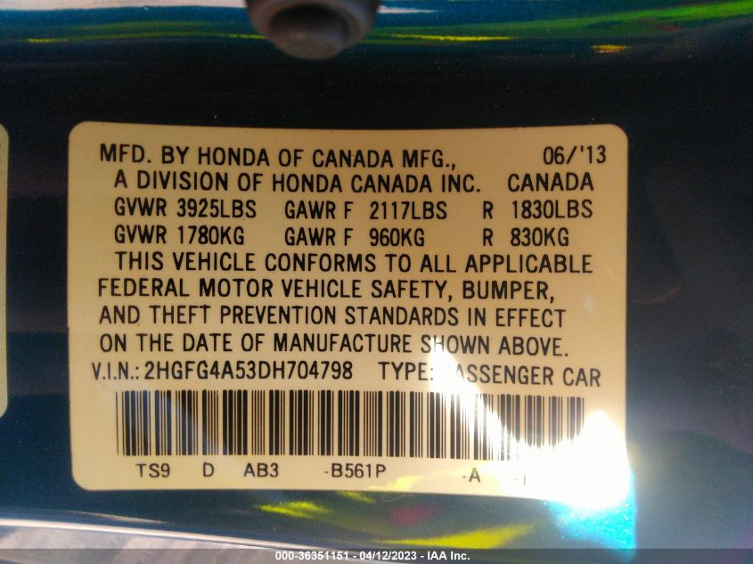 2013 HONDA CIVIC CPE SI - 2HGFG4A53DH704798