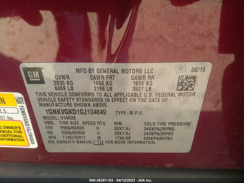 2016 CHEVROLET TRAVERSE LT - 1GNKVGKD1GJ104849