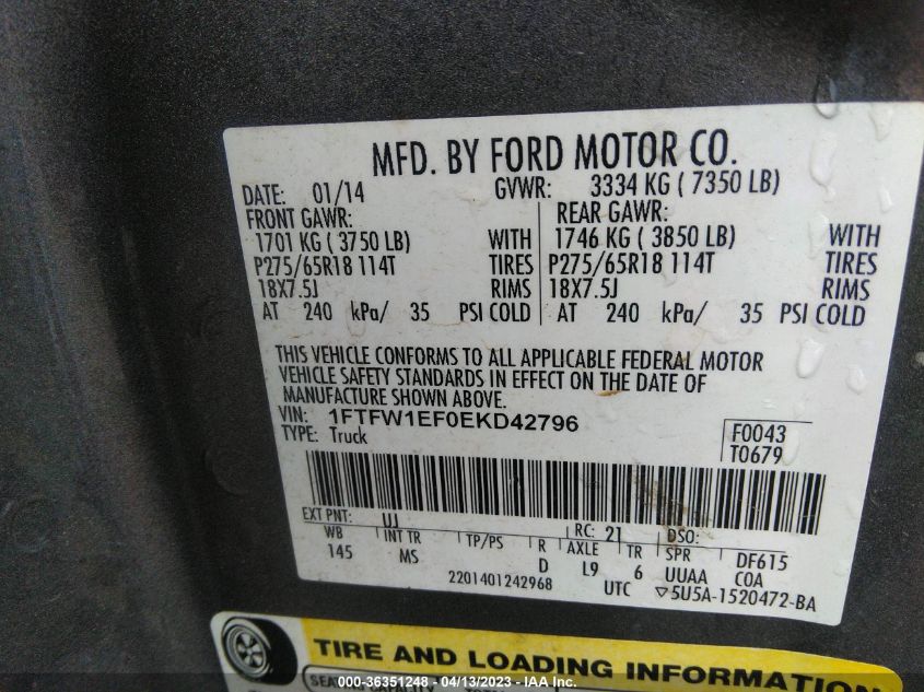 2014 FORD F-150 XL/XLT/STX/FX4/LARIAT - 1FTFW1EF0EKD42796