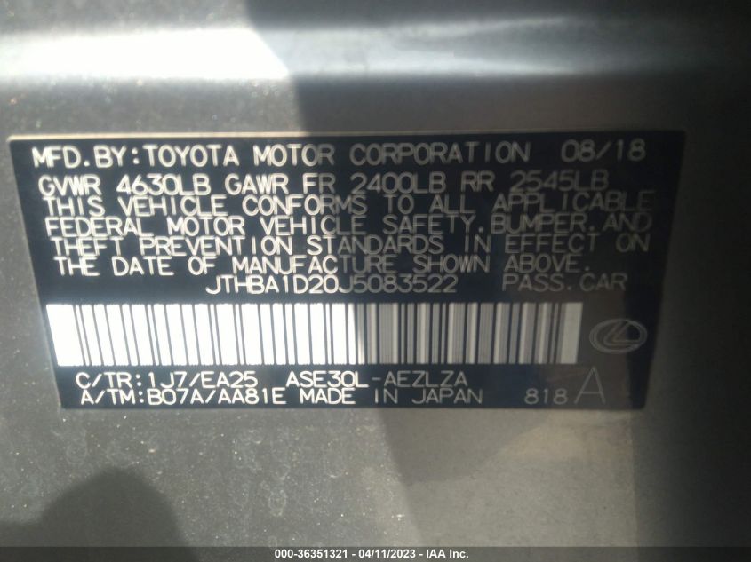 2018 LEXUS IS IS 300 - JTHBA1D20J5083522