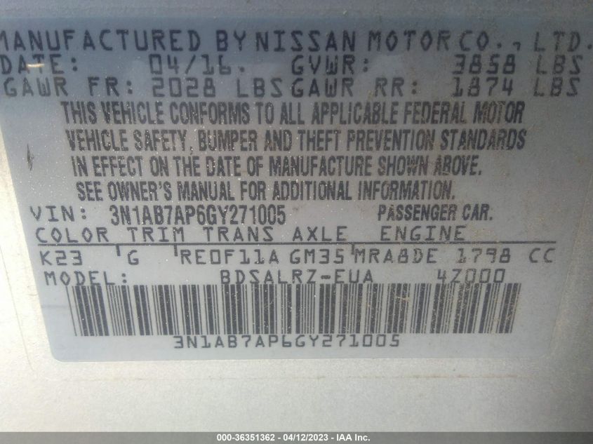 2016 NISSAN SENTRA SR - 3N1AB7AP6GY271005