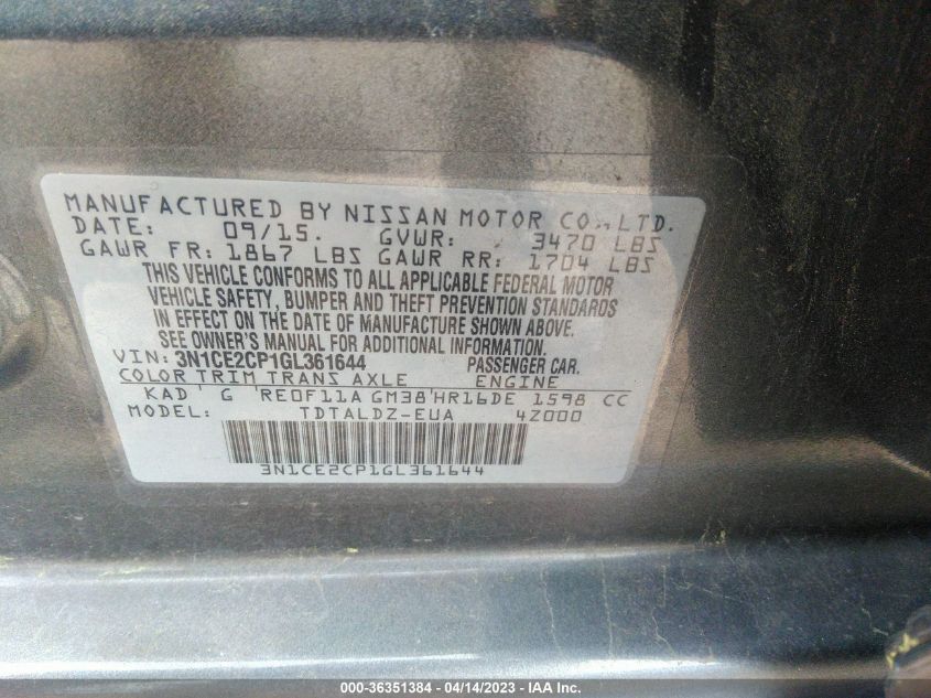 2016 NISSAN VERSA NOTE S/S PLUS/SV/SR/SL - 3N1CE2CP1GL361644