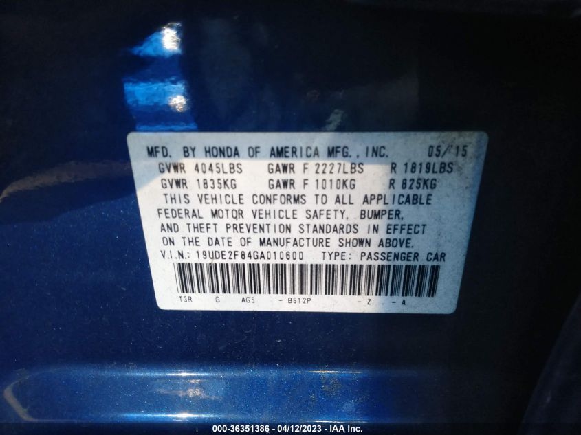 2016 ACURA ILX W/PREMIUM - 19UDE2F84GA010600