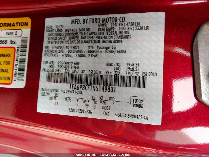2022 FORD MUSTANG GT - 1FA6P8CF1N5149831