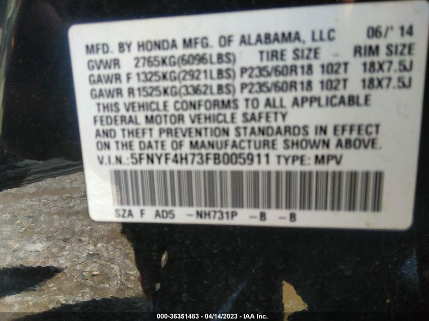 2015 HONDA PILOT EX-L - 5FNYF4H73FB005911