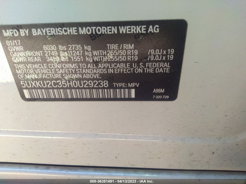 2017 BMW X6 XDRIVE35I - 5UXKU2C35H0U29238
