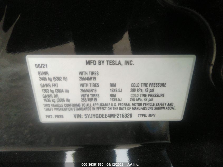 2021 TESLA MODEL Y LONG RANGE - 5YJYGDEE4MF215320
