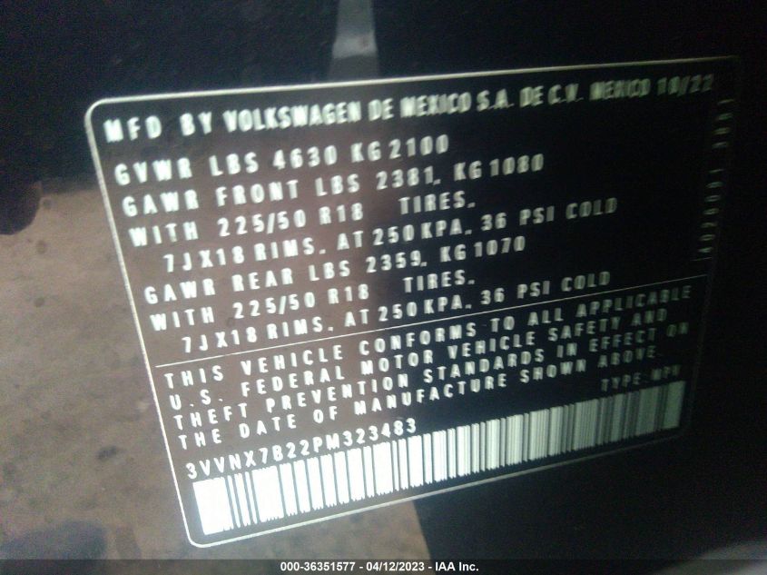 2023 VOLKSWAGEN TAOS SE - 3VVNX7B22PM323483